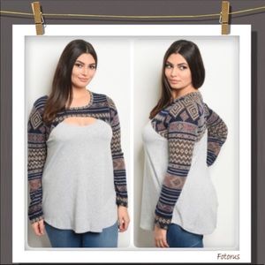 Plus size Aztec print Long Sleeve Keyhole Top